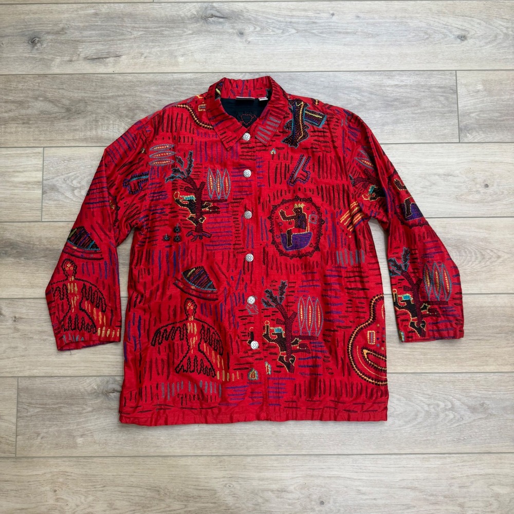 Chicos Design Red Silk Embroidered Tribal Button Front Jacket Women Size 3 L XL